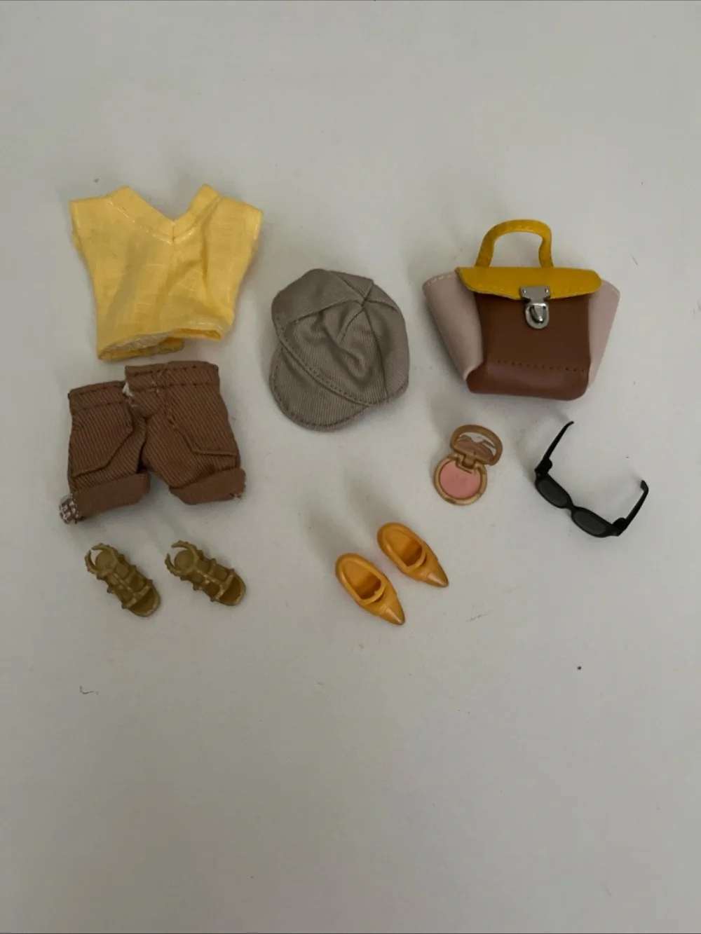 Barbie Doll Accessories Lot Shorts Yellow Top Handbag Compact Glasses Sandals